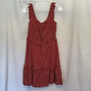 Burgundy Red Smocked Mini Dress Sleeveless Tiered Skirt White Print Size Medium